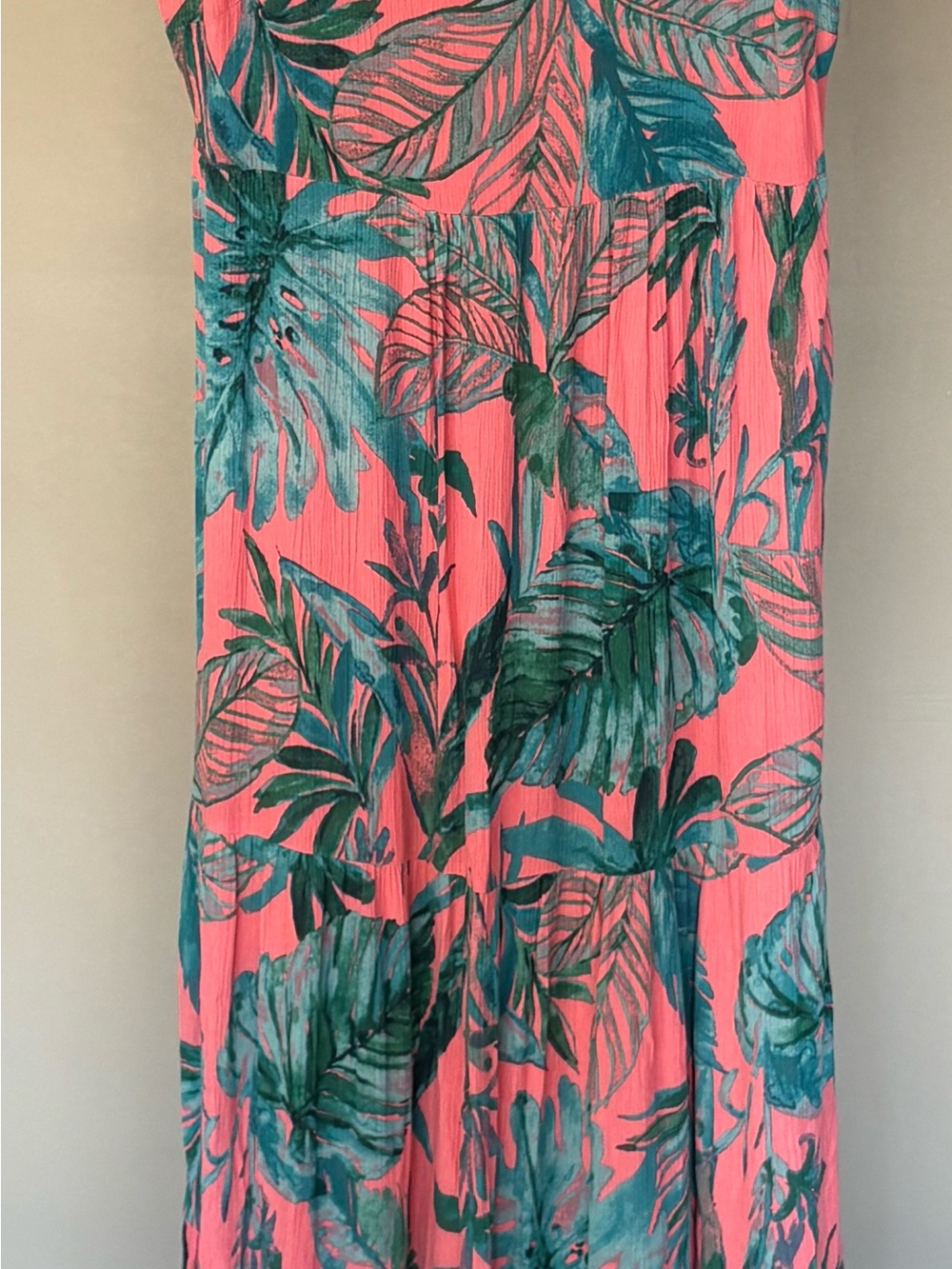 Nicole Miller NY Floral Pink Teal Tropical Tiered Maxi Dress Double V-Neck